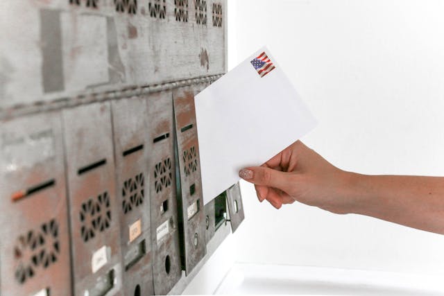 A hand inserting a letter into a mailbox.